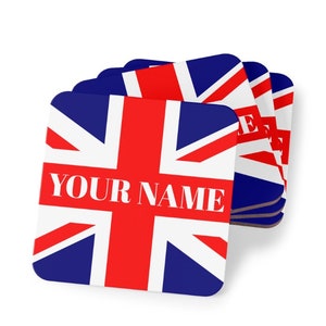 Personalized Union Jack Name Coaster, British Coaster Union Jack Flag,Union Jack Custom, Union Jack British Decor, Round or Square, Set of 4