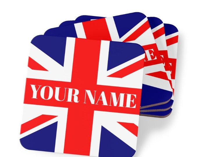 Personalized Union Jack Name Coaster, British Coaster Union Jack Flag, British Union Jack Custom, Union Jack British Decor, Round or Square