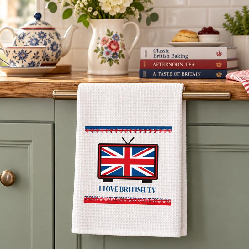 May include: A white waffle-weave kitchen towel featuring a graphic of a television set displaying the Union Jack flag. Below the television, the text reads I LOVE BRITISH TV in blue letters, framed by two horizontal rows of small red and blue flag icons.