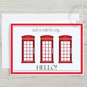 Cabine téléphonique britannique Londres Juste un mot pour dire bonjour cartes et enveloppes - Intérieur vierge, carte et enveloppe 5 1/2" x 4,25"