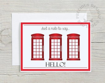 London Telephone Box Hello Card: British Note Card & Envelope