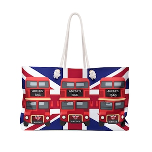 Union Jack Personalized London Bus Weekender Bag, Custom British Double Decker Bus Travel Bag, British Shopping Bag