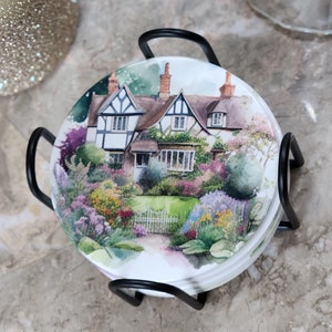 English Country Garden Ceramic Coasters, Set of 4 and Stand, Gloss Finish, Cork Backed, 4&quot; Coasters with a British Garden Scene