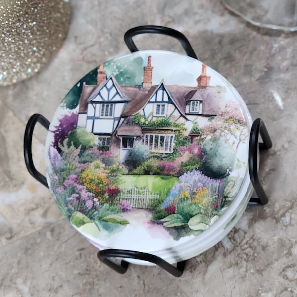 English Country Garden Ceramic Coasters, Set of 4 and Stand, Gloss Finish, Cork Backed, 4" Coasters with a British Garden Scene