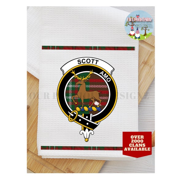 Scottish Clan Crest Tartan Tea Towel, Scotland Crest Tea Towel, Dish Towel, 16" x 24" , Over 2000 Crests Available