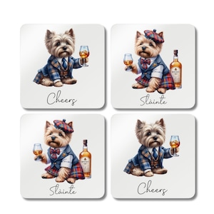 Set of 4 Scottish Terrier Cheers Coaster Set, Scottish Terriers in Tartan Dress Slainte Coaster, Scotland Coaster, Set of 4 Coasters
