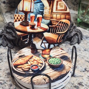 British Pub Scenes Ceramic Coasters - Set of 4 with Holder