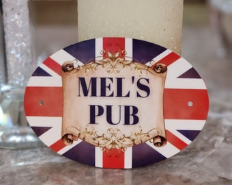 Union Jack Bar Pub handmade Sign Oval Plaque, Home Decor Bar Sign, British Pub Sign, Personalized