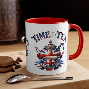 May include: White ceramic mug with a red rim and handle. The mug features a graphic of a teapot and teacup with a Union Jack design. The text "TIME for TEA" is printed in a vintage style font.