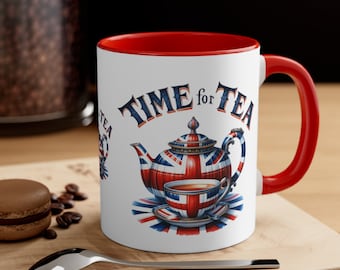 Union Jack Coffee Mug: British Tea Time, 11oz Ceramic Mug, 2 Colors Choices