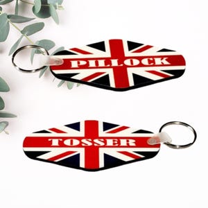 Naughty Words Union Jack, United Kingdom, Great Britain Keychain, Pillock Key Chain, Tosser Key Ring, Double sided Keychain