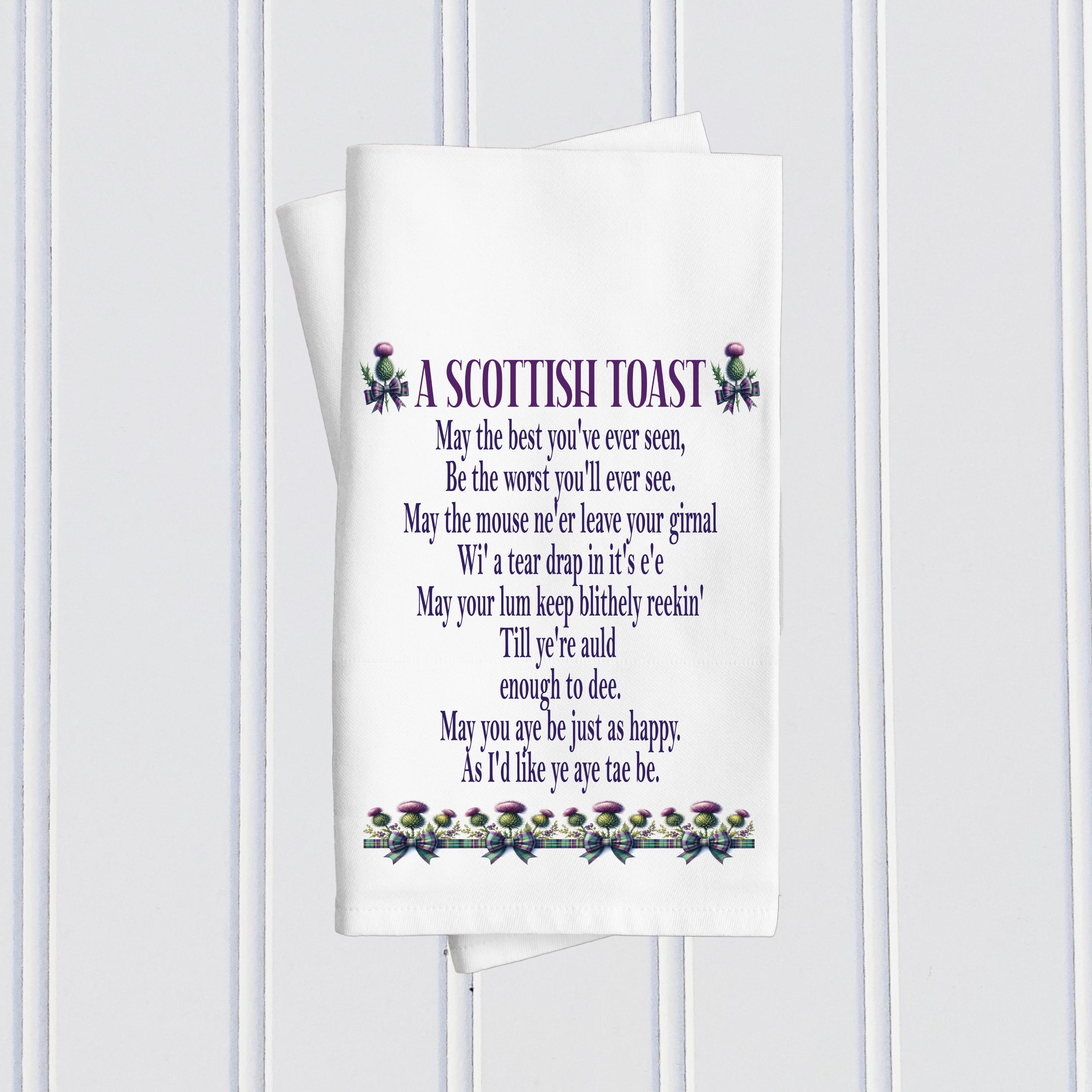Scottish Thistle Tea Towel: Scotland Toast Tartan Poem, Cotton Or