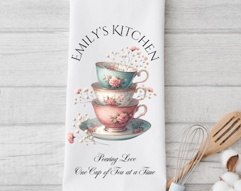 Spersonalizowana ściereczka kuchenna w kształcie brytyjskich filiżanek do herbaty: porcelana z motywem kwiatowym, bawełna lub mikrofibra