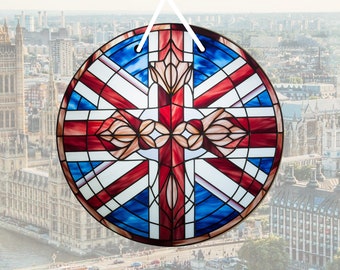 Union Jack Stained Glass Effect Wood Hanging Sign 6" Diameter, Stained Glass Look Plaque Sign, British Home Sign, Union Jack Flag Sign