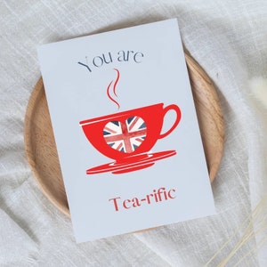 Carte d'anniversaire britannique Union Jack, tasse de thé et enveloppe 5 1/2" x 4,25", carte d'anniversaire vous êtes thé-rific, carte d'anniversaire britannique drôle