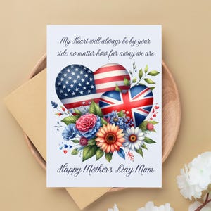 Carte de fête des mères avec drapeau des États-Unis, maman britannique, carte de fête des mères Love You Mum et enveloppe 5 1/2 x 4,25 po, carte de fête des mères Across the Miles