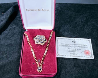 JBK Camrose Kross Grand Tour Gold Tone Faux Sapphire Rhinestone and Blue Enamel necklace and broach set Jackie Kennedy Jacqueline
