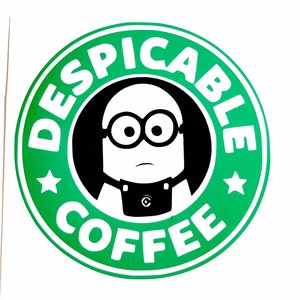 DIY Coffee Logo Vinyl Decal, Despicable Coffee, Minion Character , Laptop Decal, Tablet, Car WIndow Decal, Cell Phone, Coffee Cup Decal