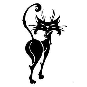 May include: Black silhouette of a cat with an arched back and a curled tail. The cat has a stylized design with pointed ears, whiskers, and a decorative collar. The image is set against a white background.