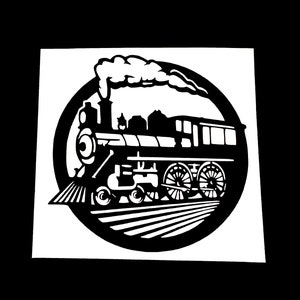 May include: Black and white silhouette of a steam locomotive train with smoke coming from the chimney, inside a circle.