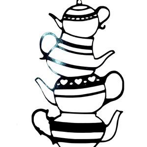 May include: A stack of four black and white striped teapots with a heart pattern on the third teapot from the top.