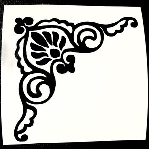 May include: Black and white decorative corner design with intricate swirls and flourishes. This design is perfect for adding a touch of elegance to any project.