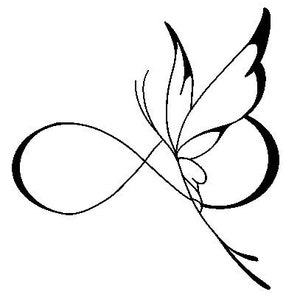 May include: A black and white line drawing of a butterfly with its wings spread out, forming an infinity symbol.