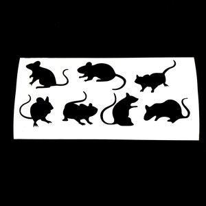 May include: A sheet of white paper with eight black mouse silhouettes. The mice are in various poses, some with curved tails. The silhouettes are solid black against the white background.
