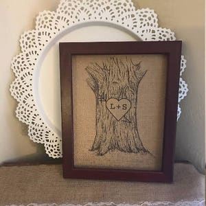Initials Carved into a Tree Burlap Print - Engagement Gift - Anniversary Gift - Wedding Gift
