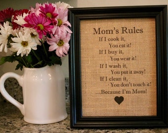 Mom's Rules Burlap Print - Mom's Birthday - Gift for Mom - Mother's Day Gift