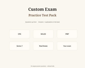 Paquete de exámenes de práctica personalizados / Tú eliges las preguntas del examen. Clave de respuestas y explicaciones. Hecho a medida.