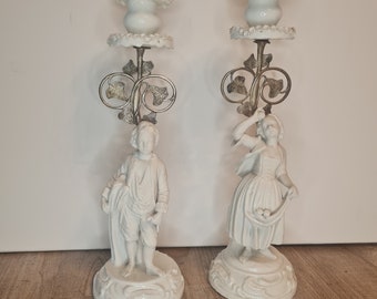 Antique porcelain candlesticks 1880 boy and girl couple white bisque porcelain partly glazed