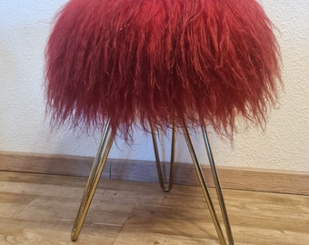 Flokati stool plush stool tripod vintage red mid century