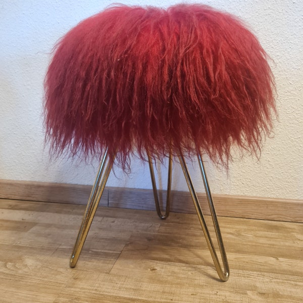 Flokati tabouret peluche tabouret trépied vintage rouge milieu du siècle