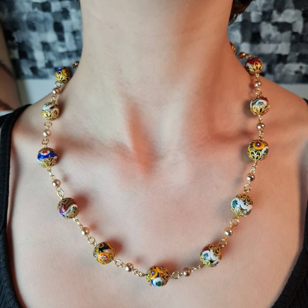 Collier de perles de verre de Murano vintage des années 70, chaîne de bijoux millefiori