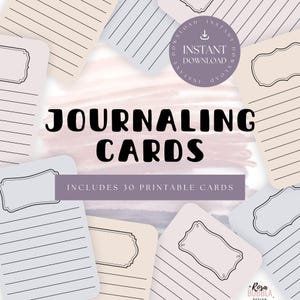 以下が含まれることがあります： ベージュとライトブルーを含むパステルカラーの、印刷可能なジャーナリングカードのコレクション。各カードには罫線入りの紙と装飾的なラベルが付いています。画像には「JOURNALING CARDS」と「INCLUDES 30 PRINTABLE CARDS」の文字が含まれています。