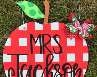 Red Gingham Teacher Apple Door Hanger