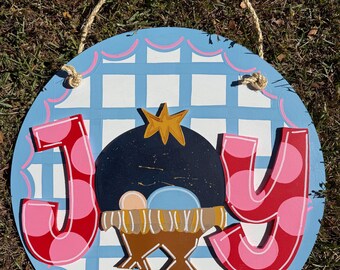 Joy Christmas Classic Blue Manger Wood Door Hanger