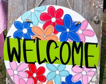 Bright multi flower floral door hanger circle spring summer oversized XL