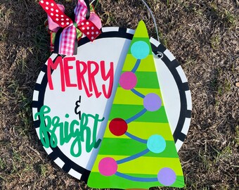 Merry and Bright Christmas Tree colorful hand lettered door hanger