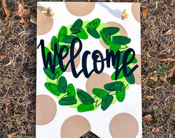 Neutral Welcome door hanger farmhouse wreath greenery class traditional