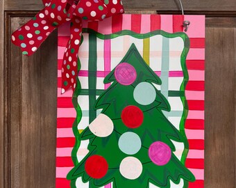 Christmas Tree Pink Classic Colorful Wood Door Hanger