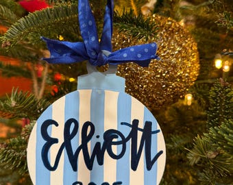 Blue and White stripe Christmas Ornament Personalized