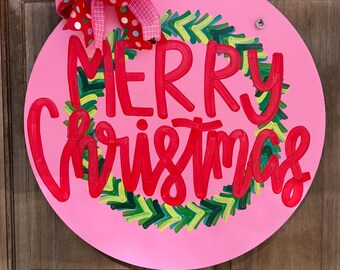 Merry Christmas Pink Classic Colorful Wood Door Hanger