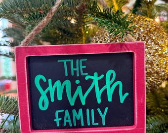 Red rustic chalkboard farm house Christmas Ornament Personalized