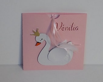 Baptism or birth announcement personalized swan theme pouch.