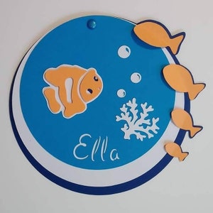 faire-parts baptême rond poisson marin, poisson en 3D orange bleu ciel et bleu marine pour baptême, naissance, communion, anniversaire.....