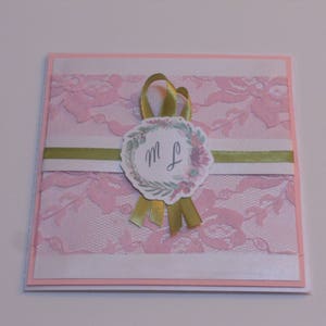 Faire-part invitation mariage dentelle blanc rose vert