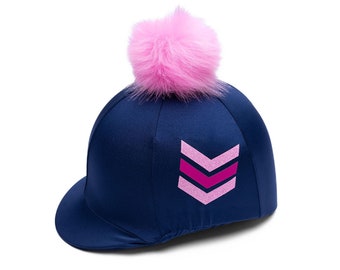 Chevron Navy Riding Hat Cover with Candy Floss Pink Pom