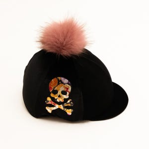 Floral Skull & Crossbones Velvet Riding Hat Cover with Pom